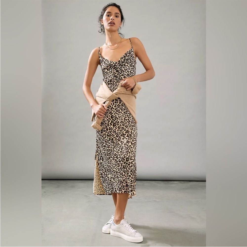 Anthropologie Elyse Slip Dress Leopard Print Midi Cowl Neck Tan Multi S